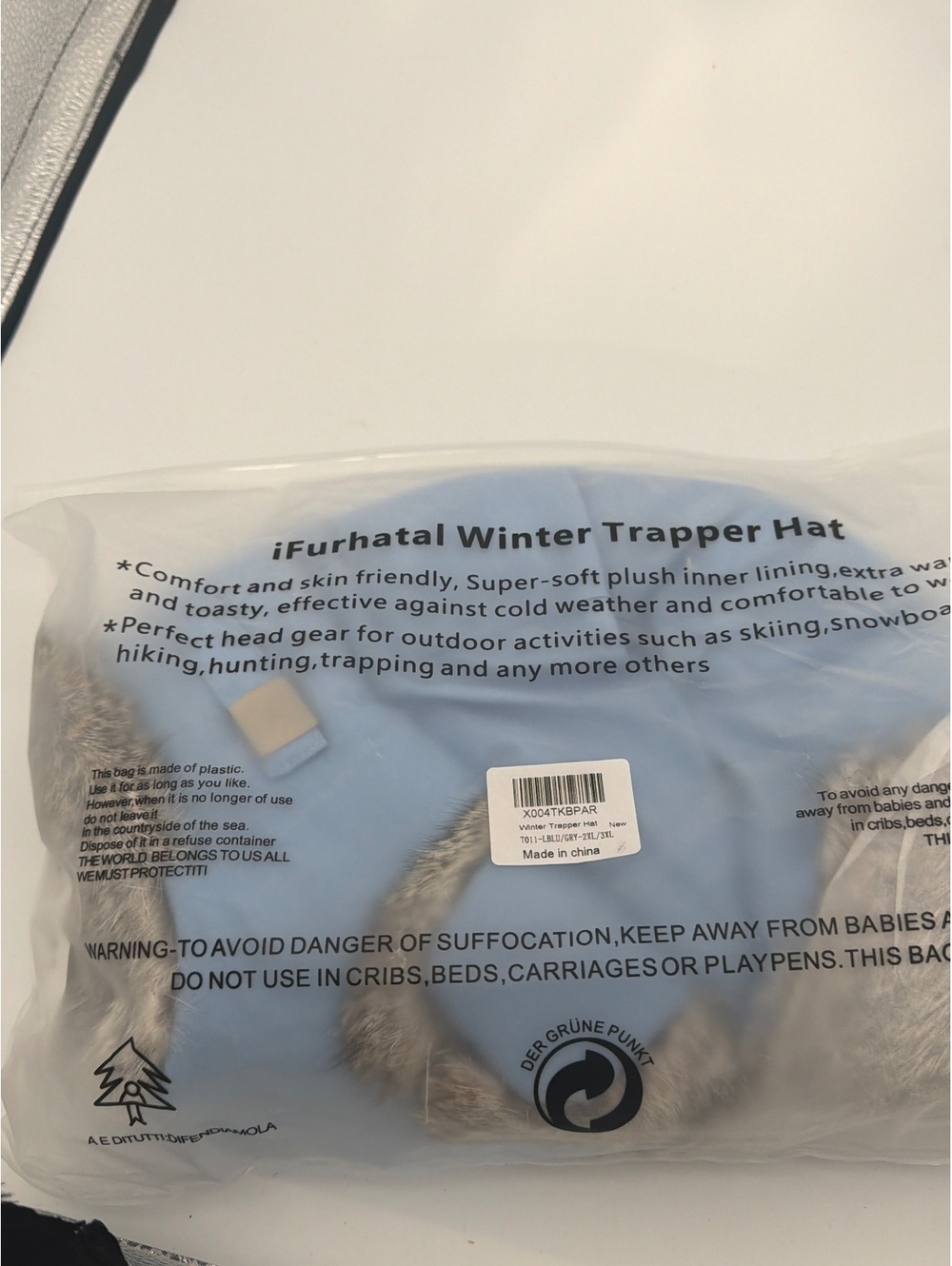 iFurhatal Winter Trapper Hat in Light Blue with Faux Fur Trim 2XL 3XL